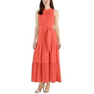 Anne Klein Women's Tie-Neck Tiered Sleeveless Maxi Dress Peach Orange Size 4